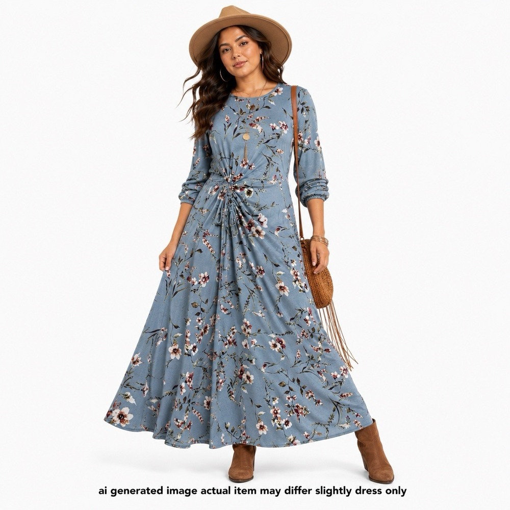 Japparel Women XXL Blue Floral Maxi Dress Ruched Drawstring Long Sleeve USA